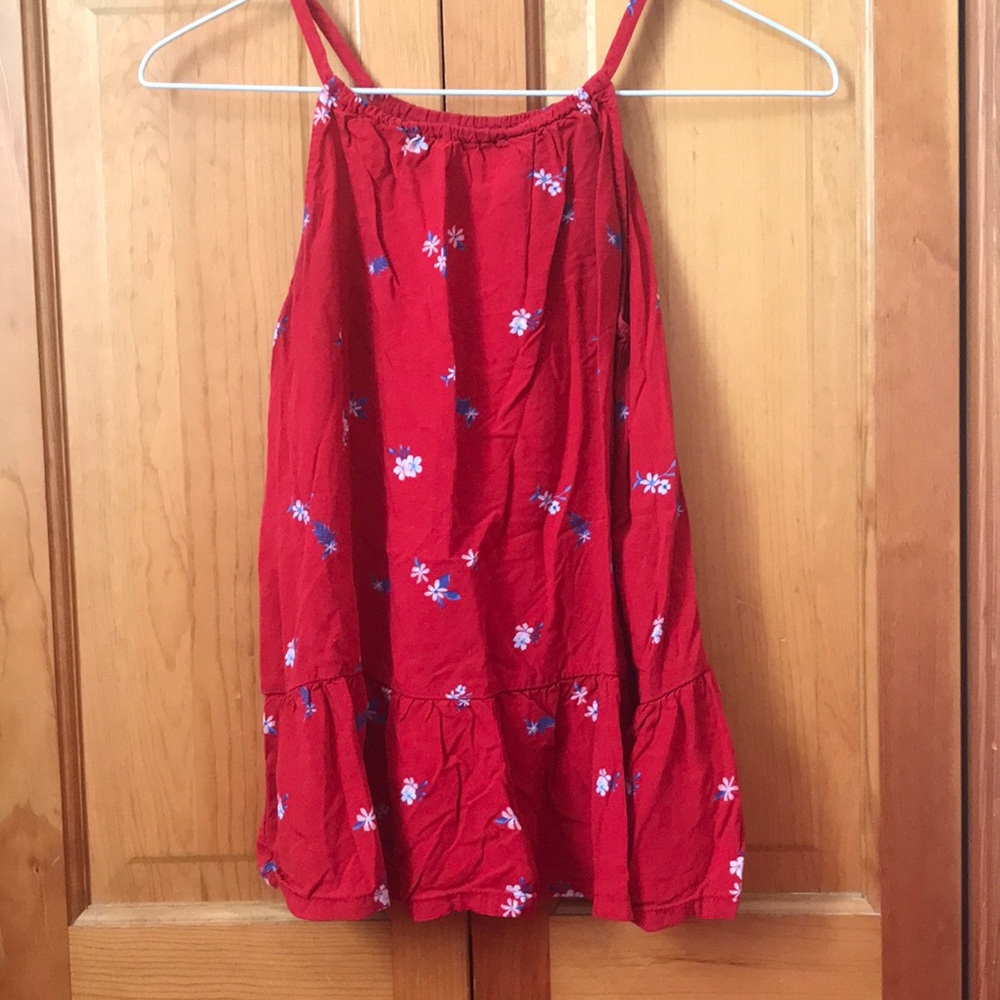 red tank top with white and blue flowers